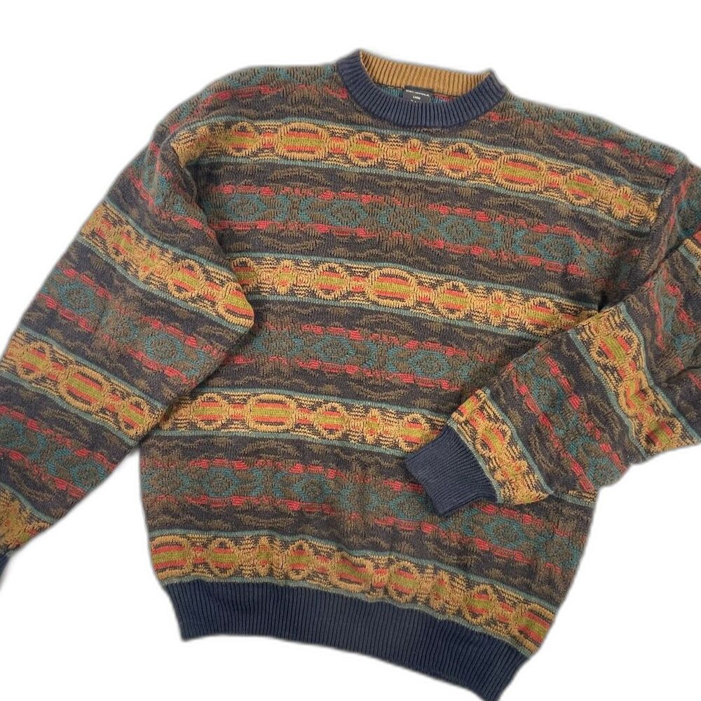 Vintage Generra 90s Geometric Knit Sweater L Eclectic Grandpa Grunge Heavy Ramie